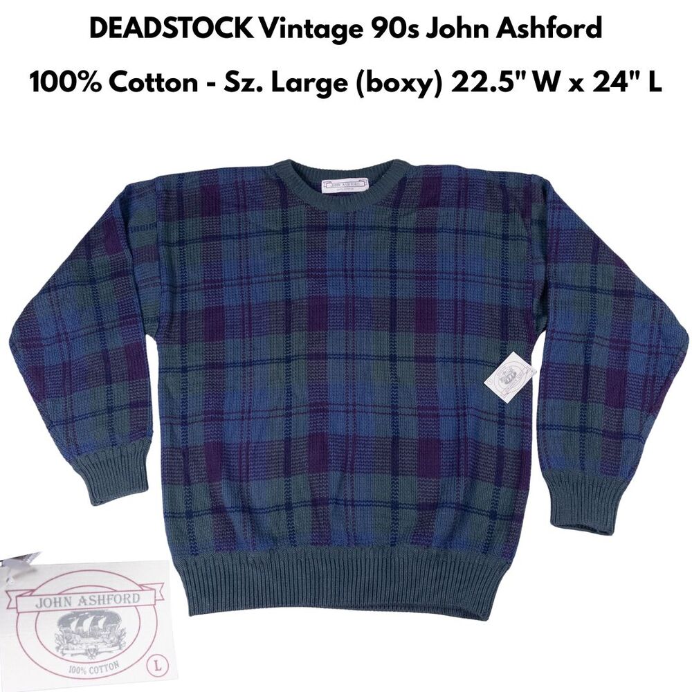 Vintage John Ashford Plaid Knit Sweater Deadstock 90s‎ Women’s L Preppy Academia